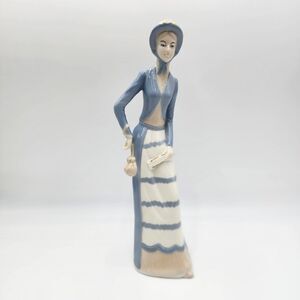 Vintage MORRISON Porcelaine Figurine Lady in Blue Gray Jacket And Skirt 13” Tall